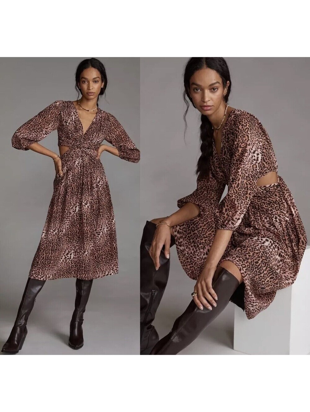 Anthropologie XS Ranna Gill Leopard Cut Out Midi Dress Size Cheetah